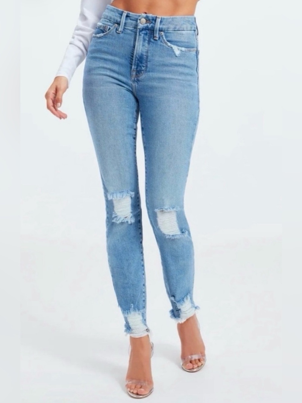 Good American High-Rise Light Blue Straight Leg Ripped Jeans